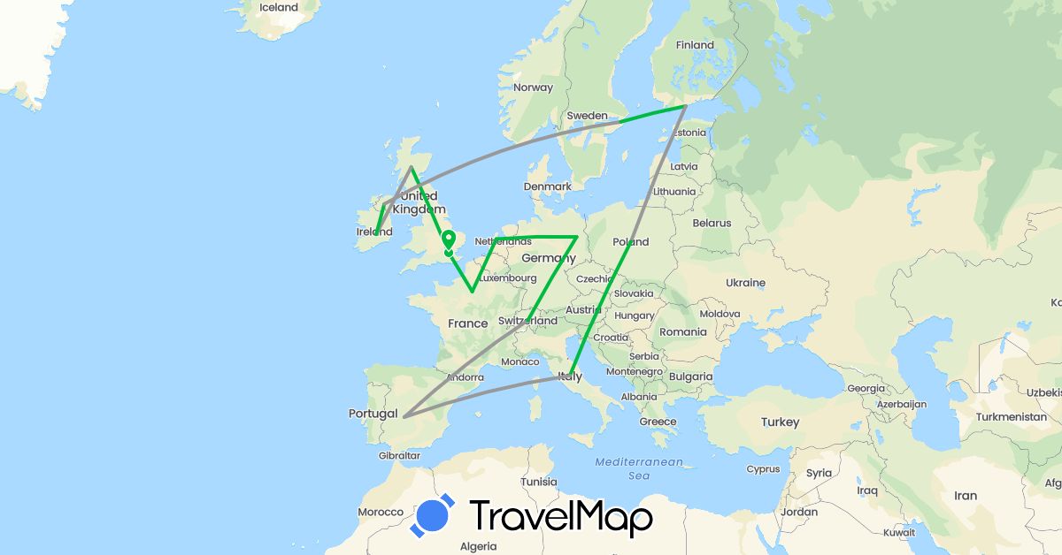 TravelMap itinerary: driving, bus, plane in Switzerland, Germany, Spain, Finland, France, United Kingdom, Ireland, Italy, Netherlands, Poland, Sweden, Slovenia (Europe)