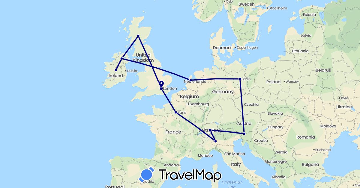 TravelMap itinerary: driving in Switzerland, Germany, France, United Kingdom, Ireland, Italy, Netherlands, Slovenia (Europe)